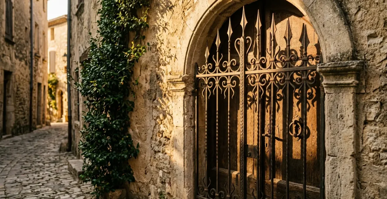 Vue élégante d'une porte d'entrée avec grille de défense en fer forgé aux volutes décoratives, baignée par une lumière dorée de fin d'après-midi