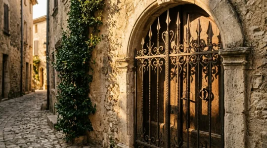 Vue élégante d'une porte d'entrée avec grille de défense en fer forgé aux volutes décoratives, baignée par une lumière dorée de fin d'après-midi