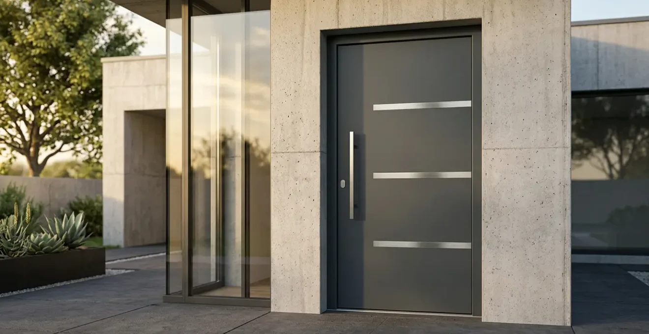 Porte d'entrée moderne avec inserts horizontaux en inox brossé, lumière naturelle créant des reflets métalliques élégants