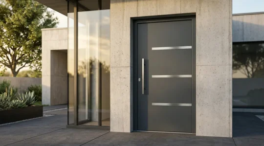 Porte d'entrée moderne avec inserts horizontaux en inox brossé, lumière naturelle créant des reflets métalliques élégants