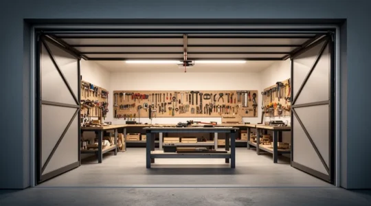 Vue d'ensemble d'un garage transformé en atelier avec porte sectionnelle moderne et panneaux isolants