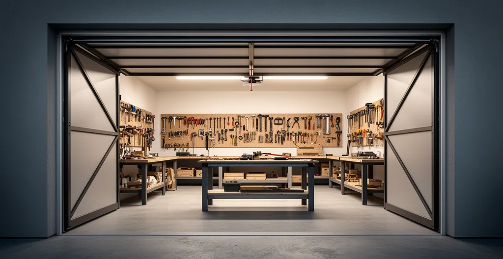 Vue d'ensemble d'un garage transformé en atelier avec porte sectionnelle moderne et panneaux isolants