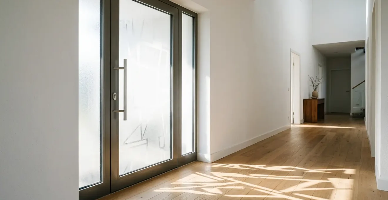 Porte d'entrée semi-vitrée moderne avec verre dépoli laissant passer la lumière naturelle tout en préservant l'intimité