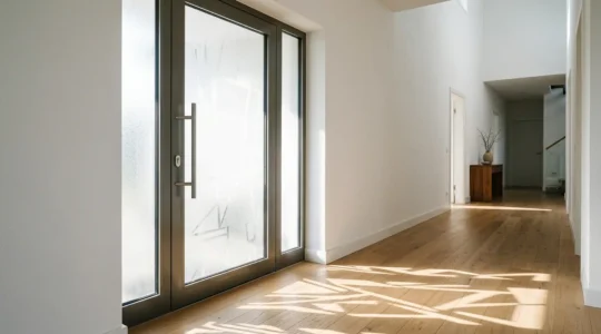 Porte d'entrée semi-vitrée moderne avec verre dépoli laissant passer la lumière naturelle tout en préservant l'intimité