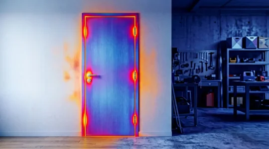 Vue thermographique d'une porte de service montrant les déperditions de chaleur par contraste de couleurs