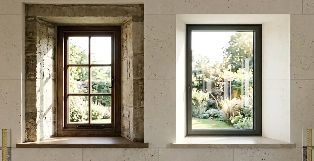 Vue en coupe d'une fenêtre installée en feuillure dans un mur en pierre, montrant le gain de surface vitrée