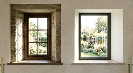 Vue en coupe d'une fenêtre installée en feuillure dans un mur en pierre, montrant le gain de surface vitrée