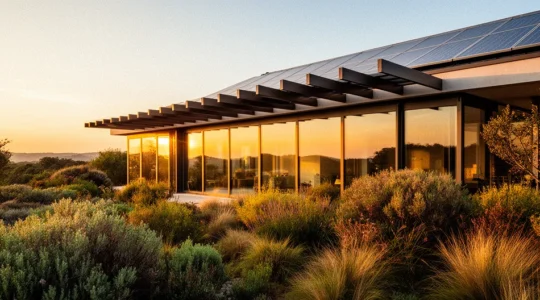 Vue architecturale d'une maison bioclimatique moderne avec grandes baies vitrées orientées sud et casquette solaire