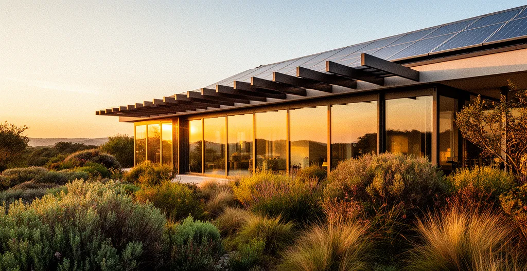 Vue architecturale d'une maison bioclimatique moderne avec grandes baies vitrées orientées sud et casquette solaire