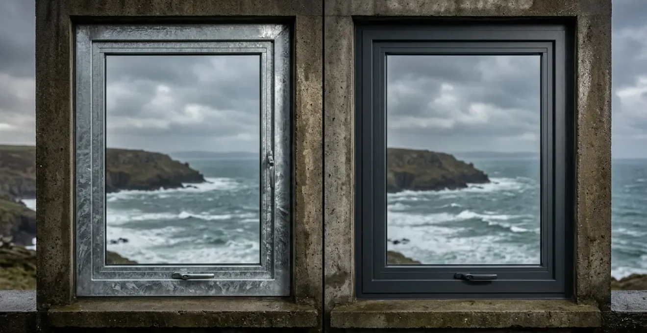 Vue comparative d'une menuiserie métallique extérieure montrant la différence entre protection galvanisée et thermolaquée