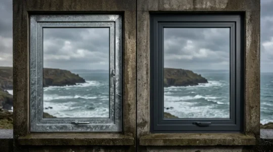 Vue comparative d'une menuiserie métallique extérieure montrant la différence entre protection galvanisée et thermolaquée