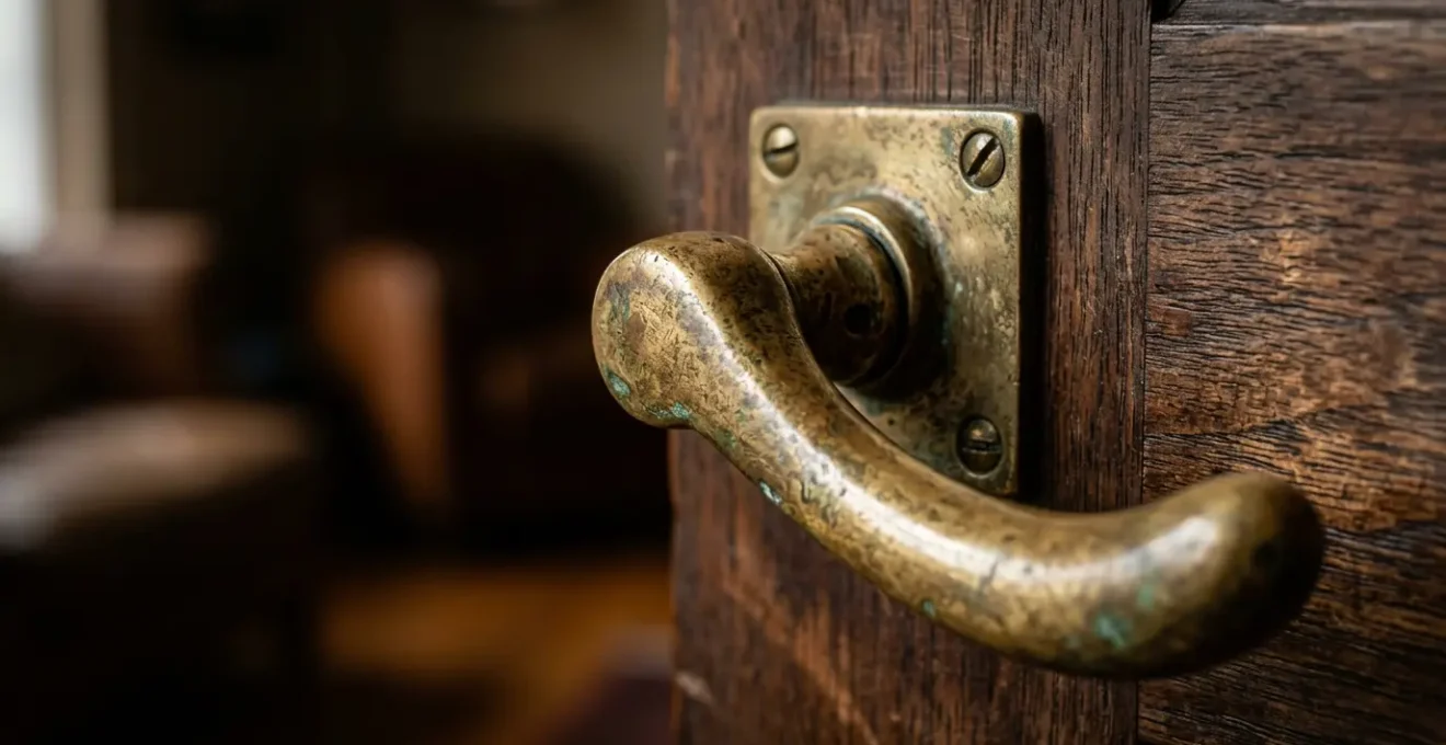 Détail d'une poignée en laiton vieilli sur une menuiserie en bois sombre avec reflets dorés