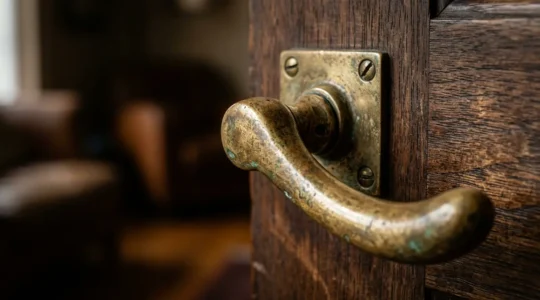 Détail d'une poignée en laiton vieilli sur une menuiserie en bois sombre avec reflets dorés