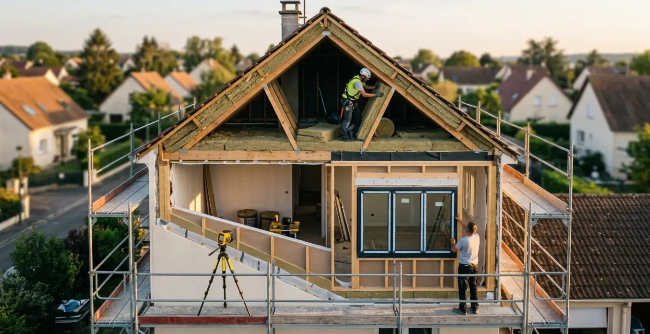 Maison en rénovation énergétique avec isolation des murs et toiture visible