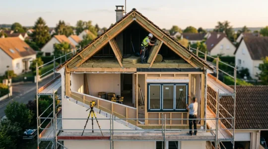 Maison en rénovation énergétique avec isolation des murs et toiture visible