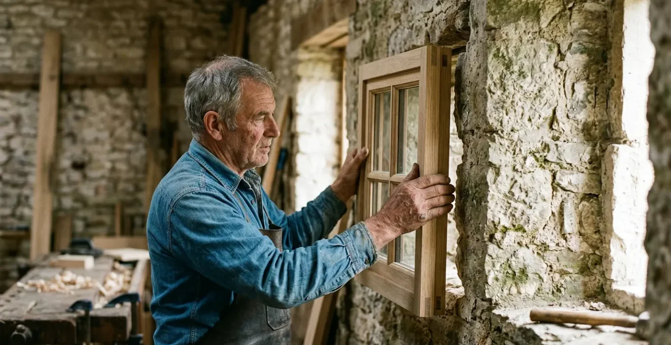 Fenêtre sur mesure en cours d'installation sur un mur ancien avec des mains d'artisan ajustant le cadre