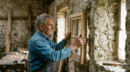 Fenêtre sur mesure en cours d'installation sur un mur ancien avec des mains d'artisan ajustant le cadre