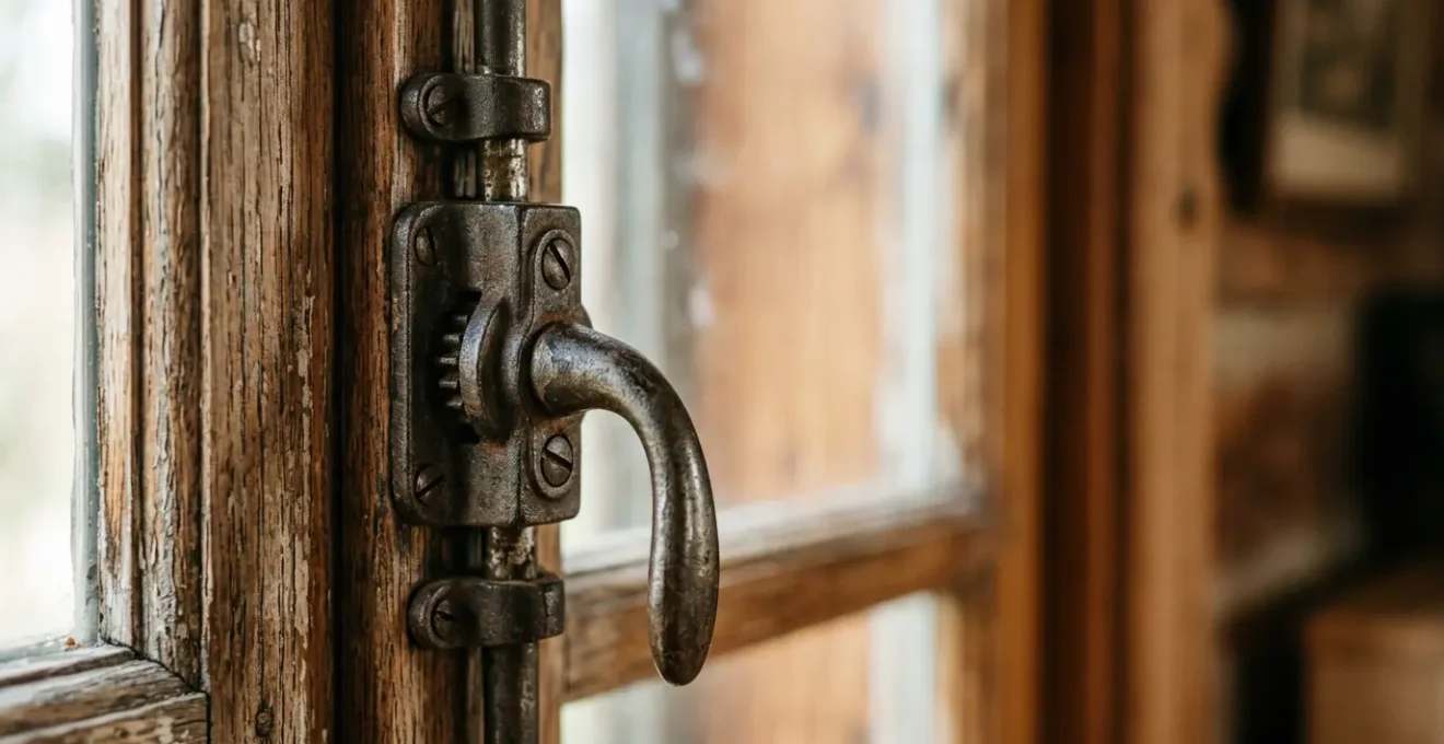 Vue rapprochée d'une crémone ancienne en fonte sur une fenêtre en bois, éclairage naturel mettant en valeur la patine du métal