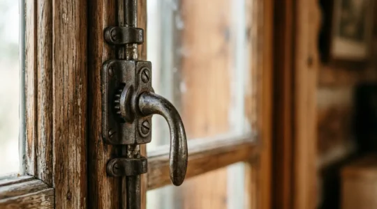 Vue rapprochée d'une crémone ancienne en fonte sur une fenêtre en bois, éclairage naturel mettant en valeur la patine du métal