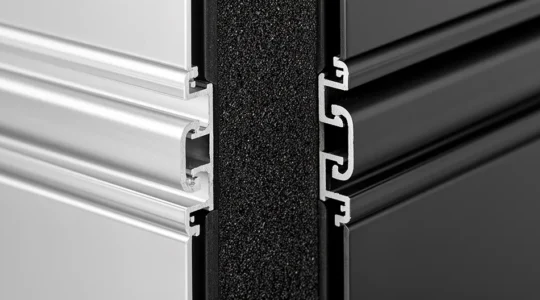 Coupe transversale d'un profilé de fenêtre aluminium montrant la rupture de pont thermique avec barrette polyamide isolante