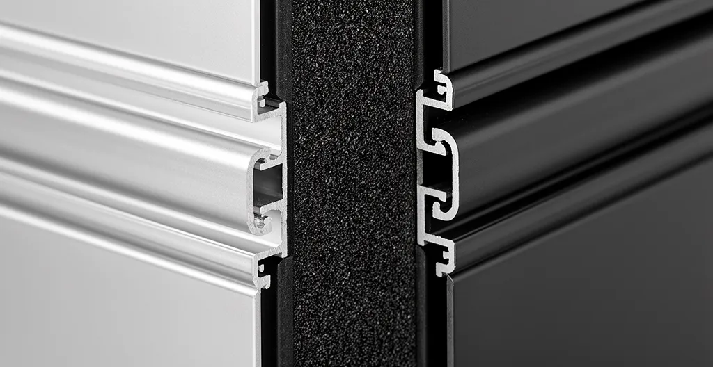 Coupe transversale d'un profilé de fenêtre aluminium montrant la rupture de pont thermique avec barrette polyamide isolante