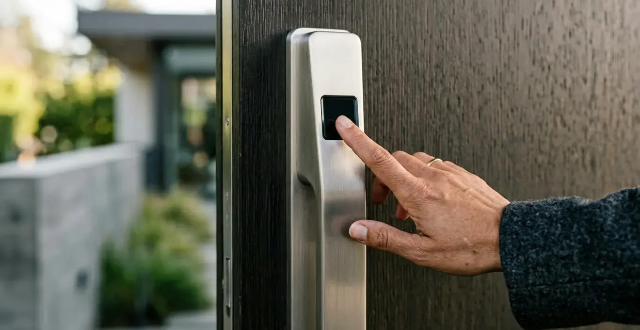 Serrure biométrique avec lecteur d'empreinte digitale sur porte d'entrée moderne