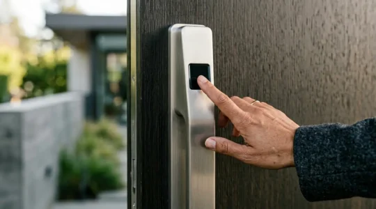 Serrure biométrique avec lecteur d'empreinte digitale sur porte d'entrée moderne