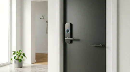 Serrure connectée moderne installée sur une porte d'entrée avec rétroéclairage LED