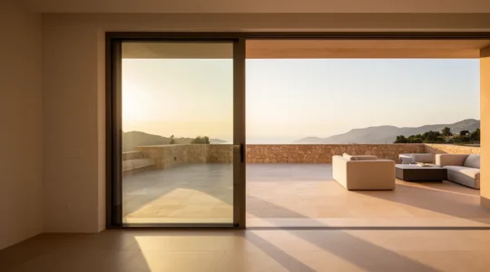 Transition sans obstacle entre salon et terrasse avec seuil encastré PMR et carrelage en continuité