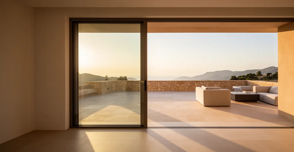 Transition sans obstacle entre salon et terrasse avec seuil encastré PMR et carrelage en continuité