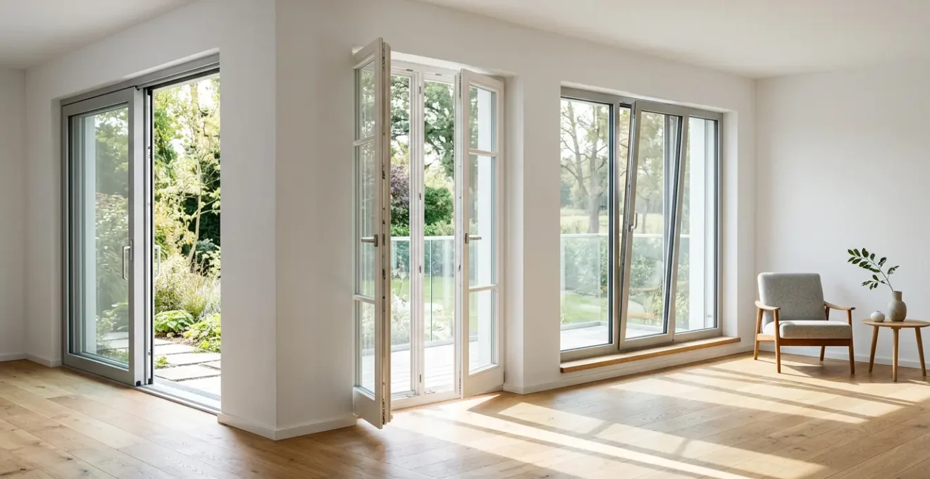 Vue comparative de différents systèmes d'ouverture de fenêtres dans une maison contemporaine