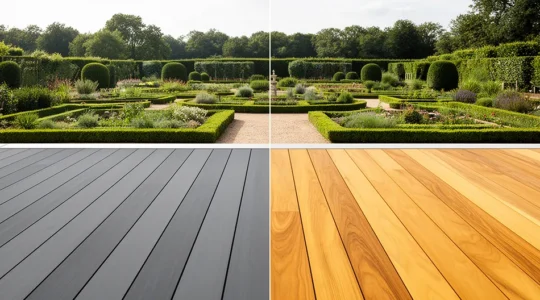 Comparaison visuelle entre une terrasse en bois composite moderne et une terrasse en bois naturel exotique