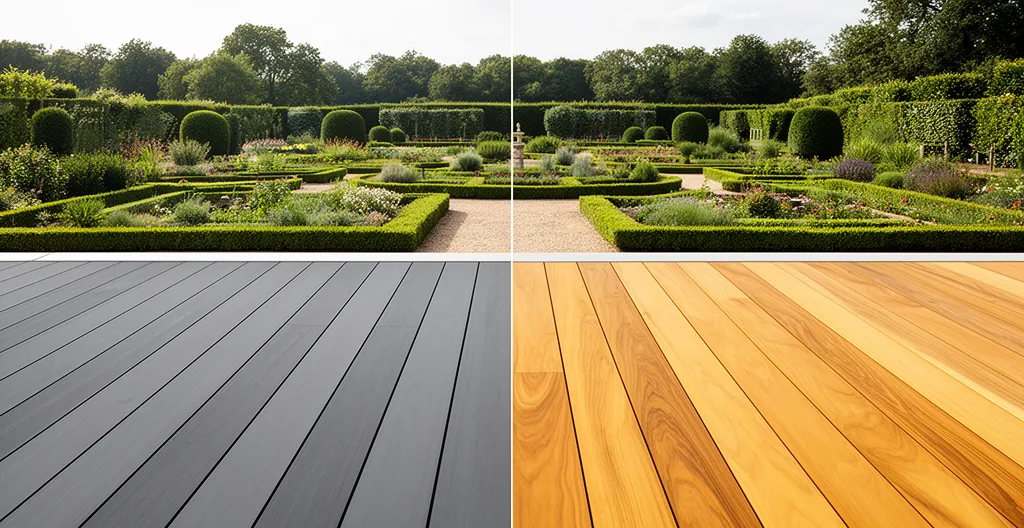 Comparaison visuelle entre une terrasse en bois composite moderne et une terrasse en bois naturel exotique