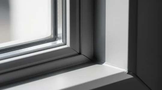 Gros plan sur une fenêtre en aluminium thermolaqué avec finition mate, éclairage naturel révélant la texture de surface