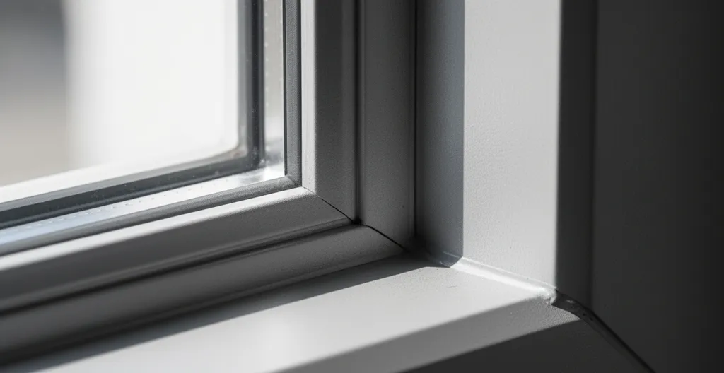 Gros plan sur une fenêtre en aluminium thermolaqué avec finition mate, éclairage naturel révélant la texture de surface