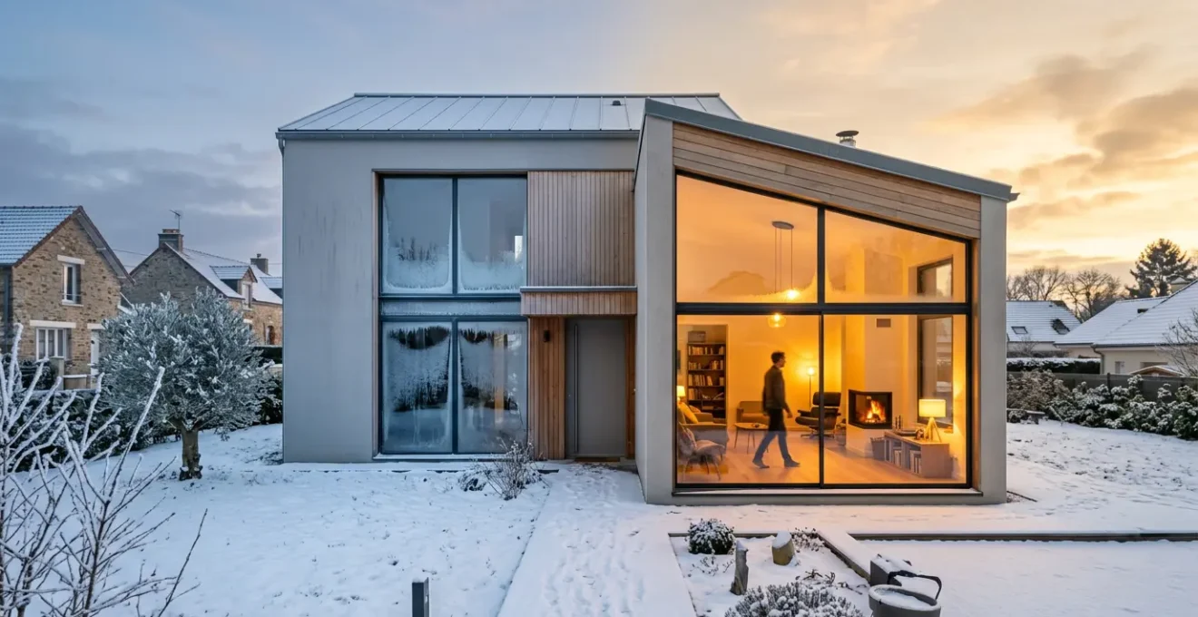 Vue comparative d'une maison moderne française avec triple vitrage montrant la différence de température et d'isolation thermique
