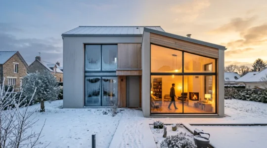 Vue comparative d'une maison moderne française avec triple vitrage montrant la différence de température et d'isolation thermique