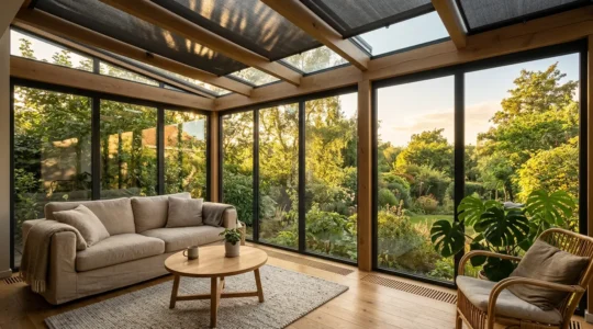 Véranda moderne avec isolation optimale, baignée de lumière naturelle, montrant le confort en toute saison