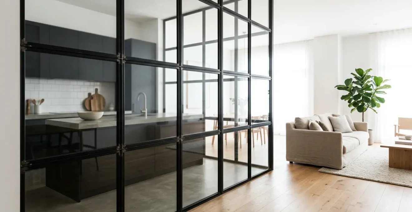 Verrière atelier d'artiste séparant élégamment une cuisine moderne d'un salon lumineux
