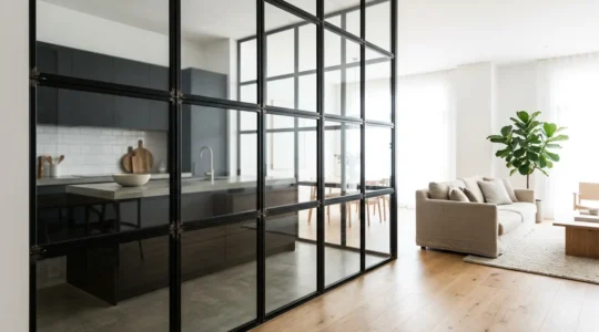 Verrière atelier d'artiste séparant élégamment une cuisine moderne d'un salon lumineux