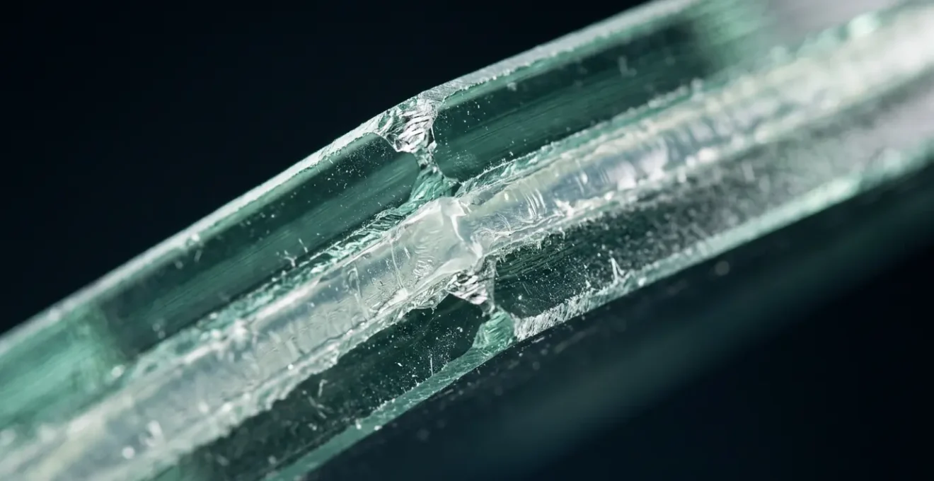 Vue rapprochée d'un vitrage feuilleté avec film PVB montrant sa structure multicouche protectrice