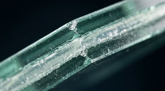 Vue rapprochée d'un vitrage feuilleté avec film PVB montrant sa structure multicouche protectrice