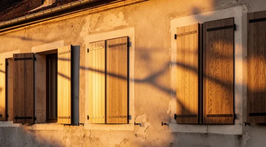 Façade de maison traditionnelle avec volets battants en aluminium aspect bois fermés, créant un jeu d'ombre et lumière naturelle