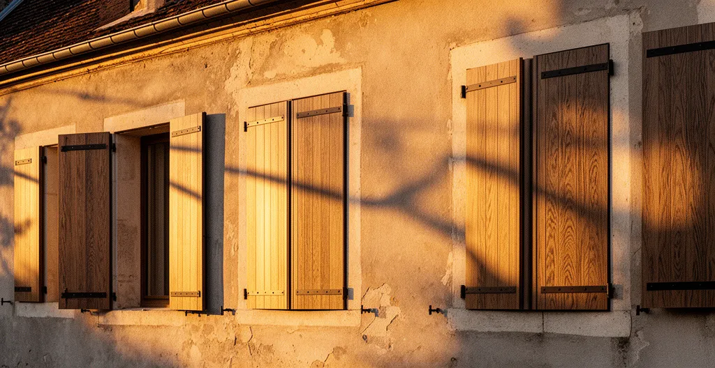 Façade de maison traditionnelle avec volets battants en aluminium aspect bois fermés, créant un jeu d'ombre et lumière naturelle