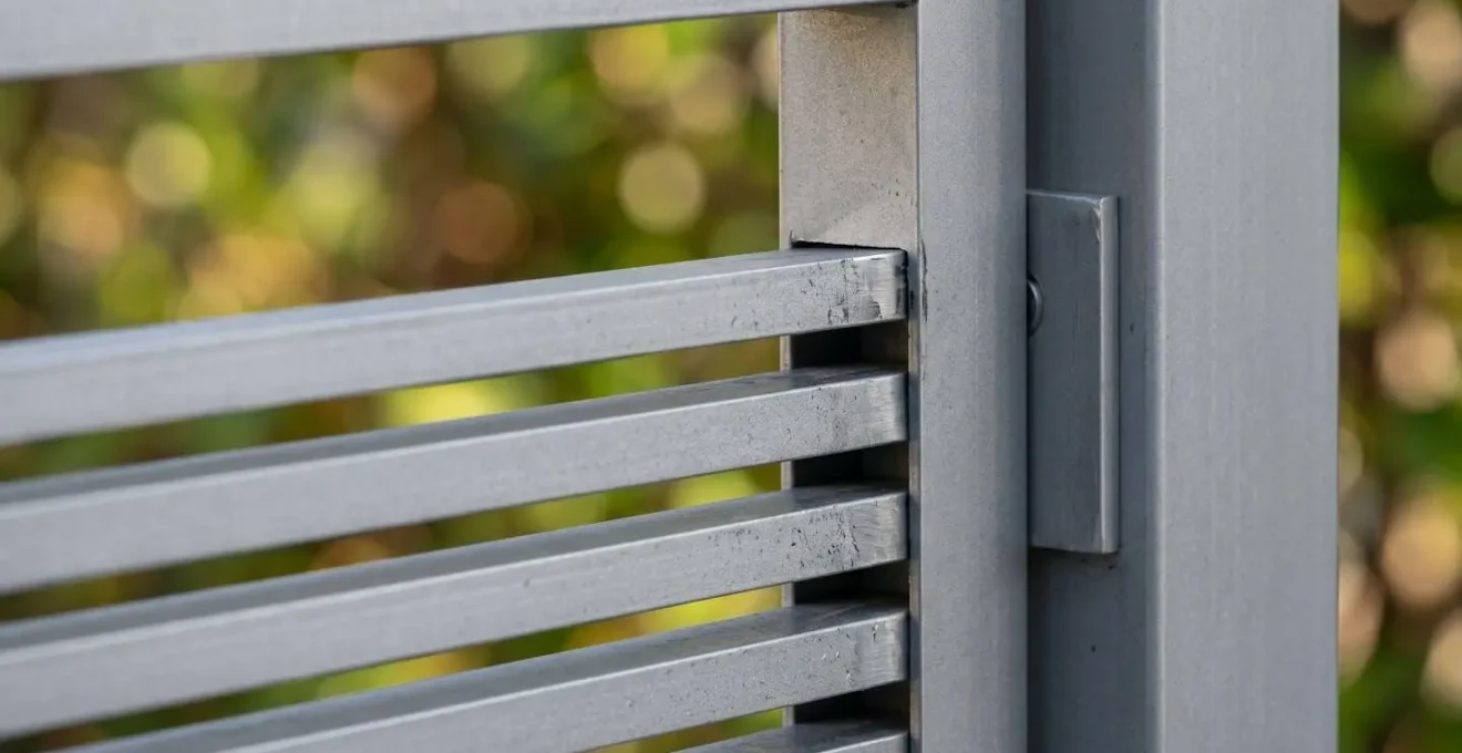 Détail technique de l'alignement parfait entre les lisses d'un portail et d'une clôture en aluminium
