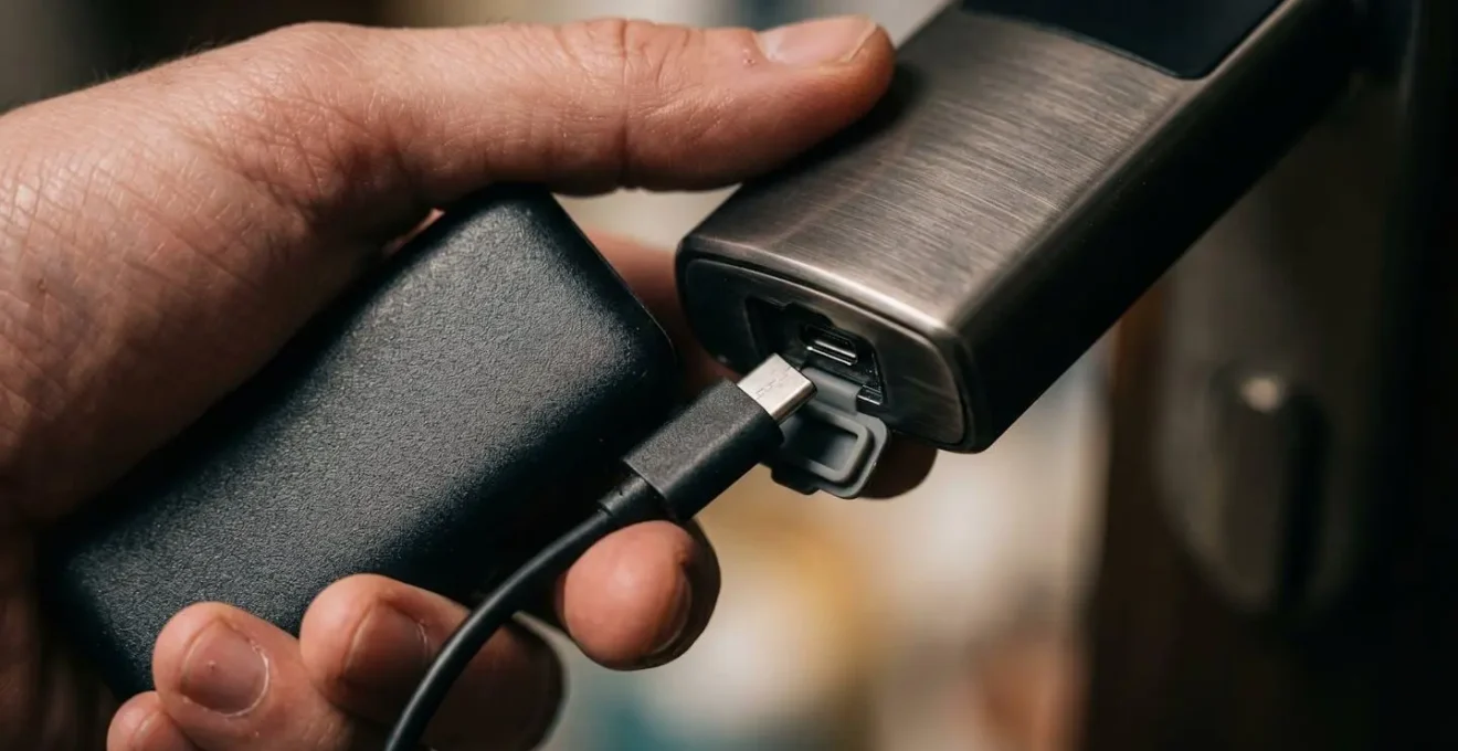 Main connectant une batterie externe à une serrure connectée via port USB d'urgence