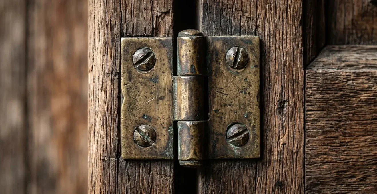 Vue en coupe d'un volet ancien en bois avec mécanisme de crémone visible près d'une fenêtre