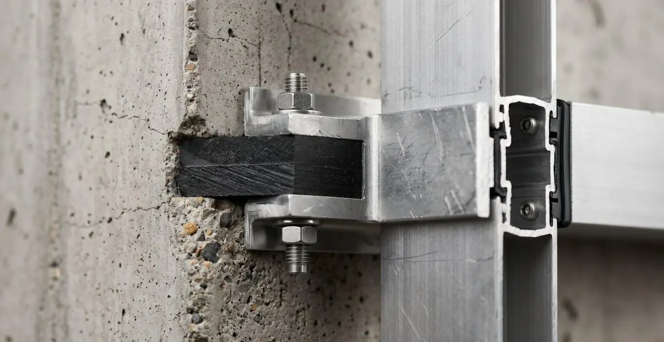 Détail technique d'ancrage entre structure béton et profilés aluminium d'un mur-rideau