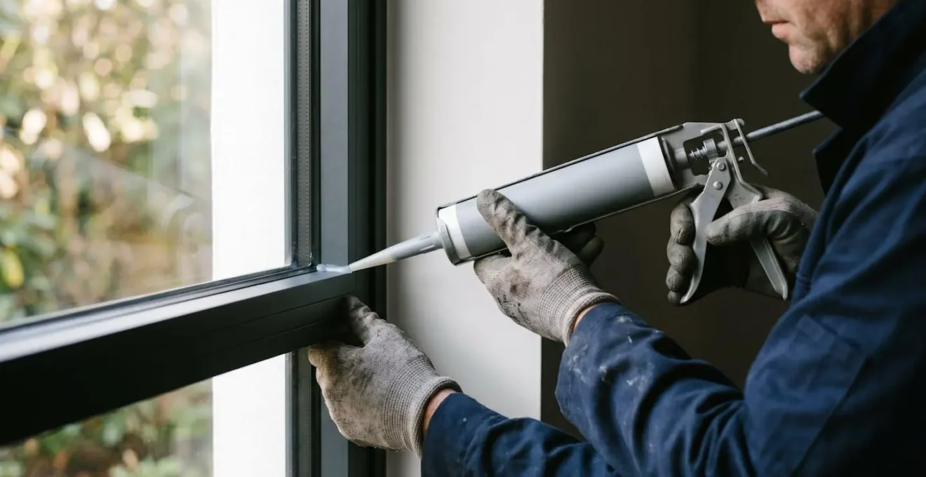 Mains d'artisan appliquant du silicone neutre sur le pourtour d'une fenêtre aluminium avec pistolet professionnel