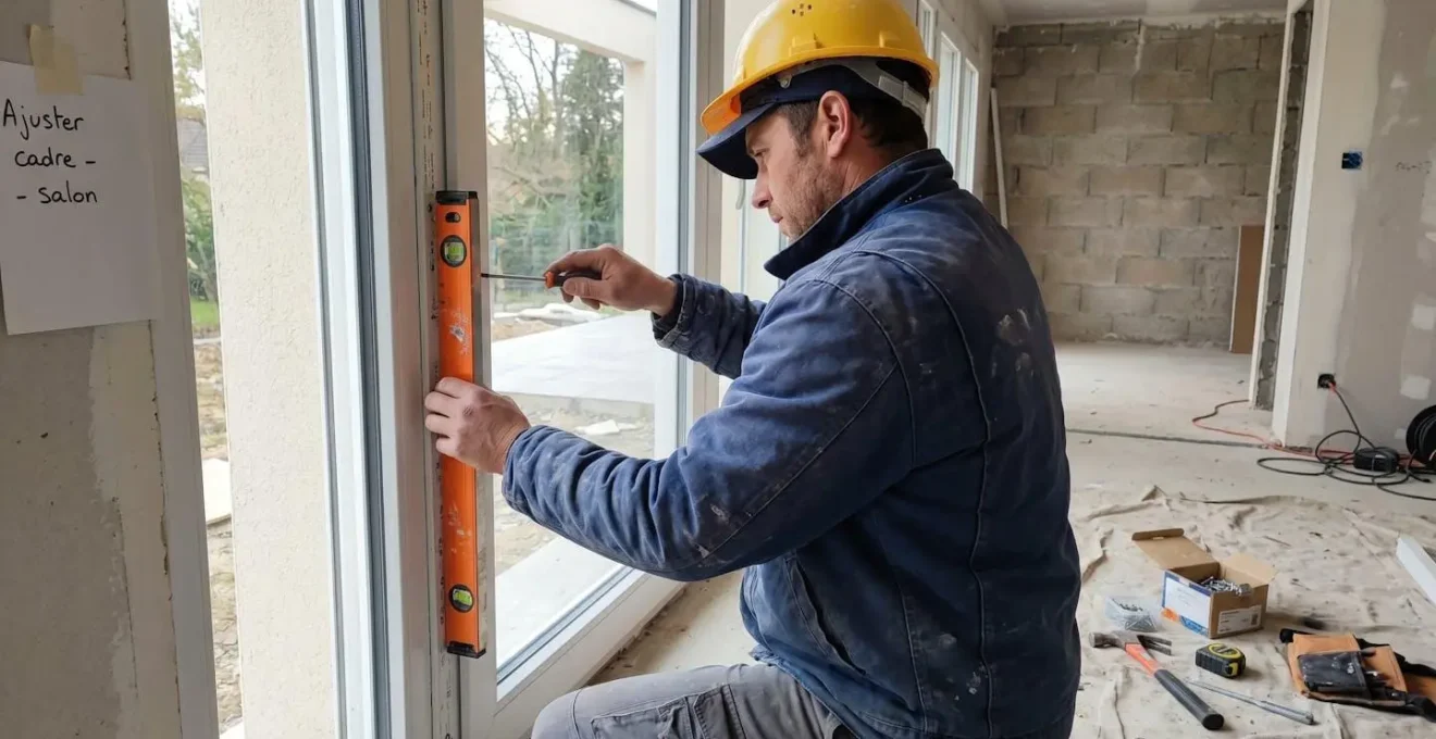 Menuisier vu de dos ajustant le niveau à bulle d'une fenêtre PVC blanche sur un chantier de rénovation moderne et lumineux